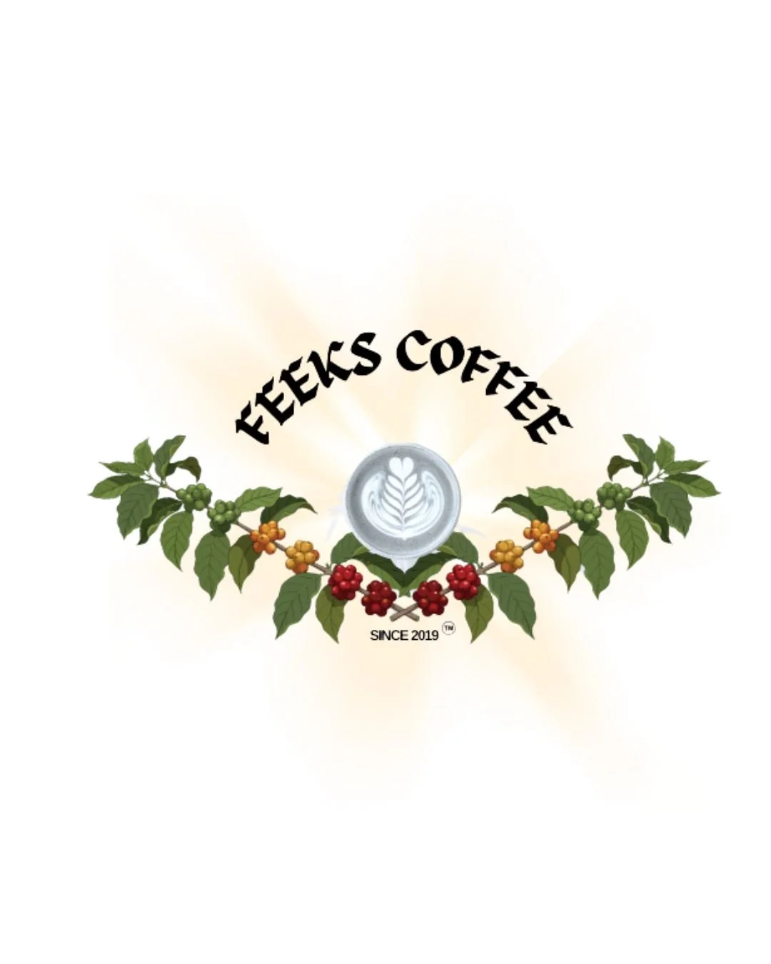 Logo for Feeks Coffee featuring a latte art cup surrounded by coffee plant branches with green leaves and red and orange coffee cherries, and the text 'FEKKS COFFEE' curved above the cup, with 'SINCE 2019' below.