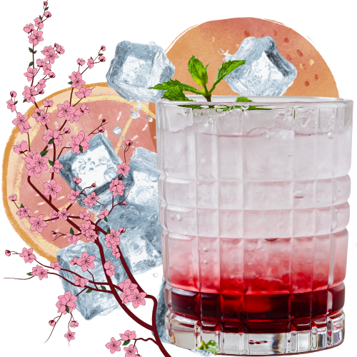 A cocktail glass with ice cubes, red liquid at the bottom, garnished with a mint sprig, surrounded by ice cubes, pink cherry blossoms, and a citrus fruit slice in the background. coffee-cocktail. coffeeologist. coffee-lifestyle.