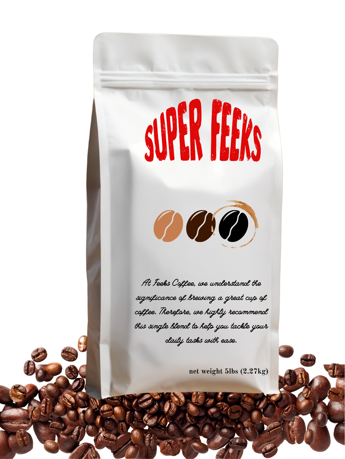 A white bag of coffee labeled 'Super Feeks' with three illustrated coffee beans and a description about brewing coffee. The bag is surrounded by scattered coffee beans.