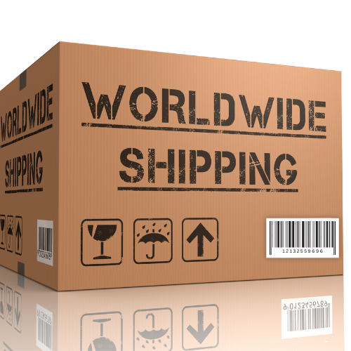 A cardboard box with the words 'Worldwide Shipping' printed on it, along with handling and shipping symbols.