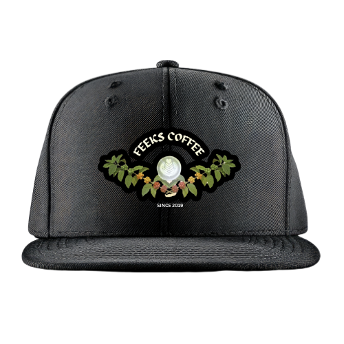Black cap with a logo for Feeks Coffee, featuring green coffee plant illustrations and the text 'Since 2019'.