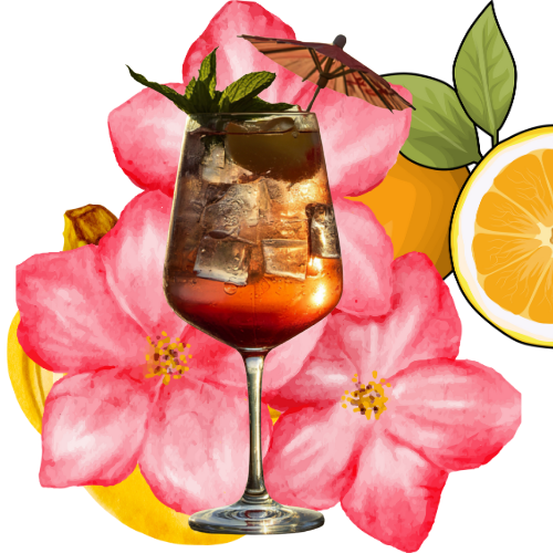 A glass of iced cocktail with mint, garnished with a small umbrella, surrounded by pink flowers, lemon slices, and green leaves. coffee-cocktail. coffeeologist. coffee-lifestyle.