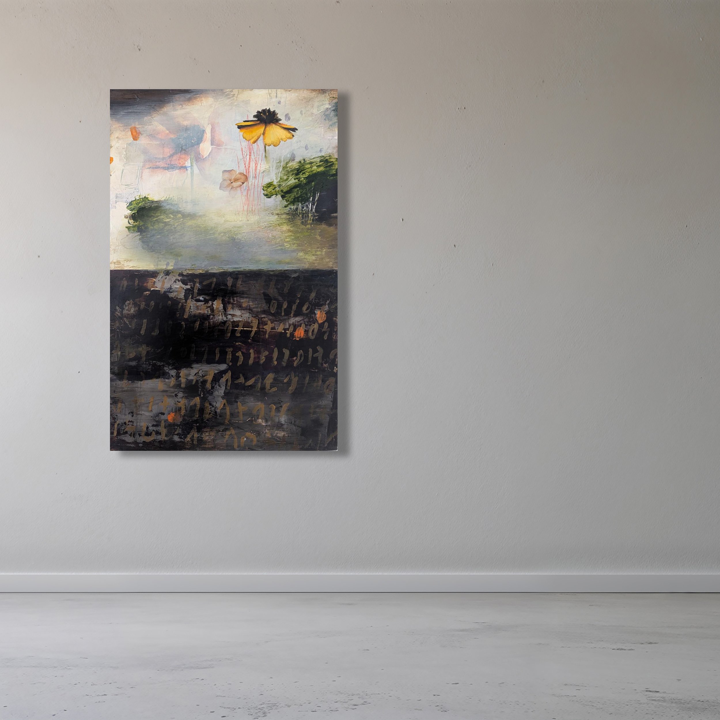 WHISPERS
 

 Acrylic, charcoal, pencil, crayon, paper on panel 32" x 20"  Available  