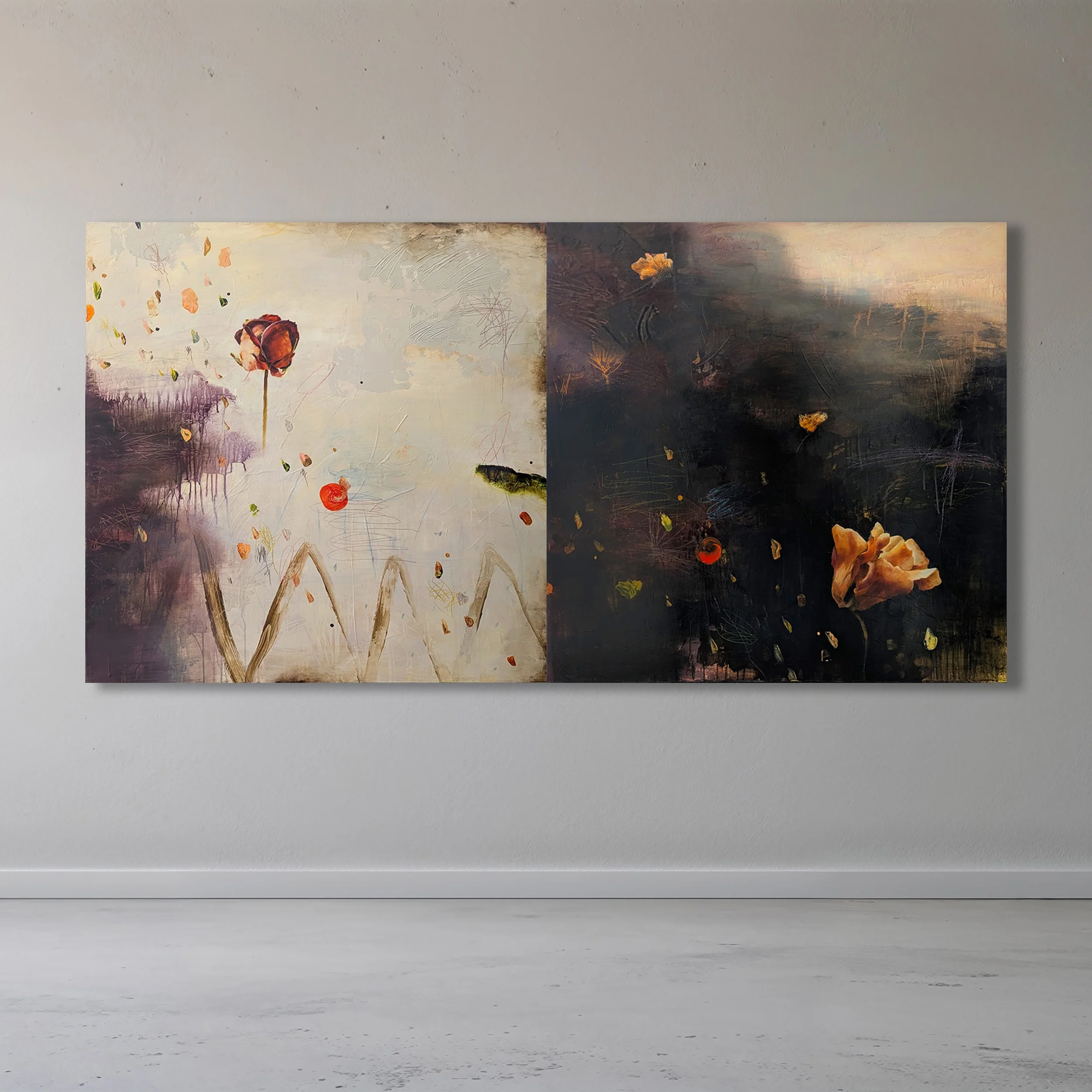 ABIDED

 

 Acrylic, charcoal, pencil, paper on panel 40" x 80" Diptych  Available  