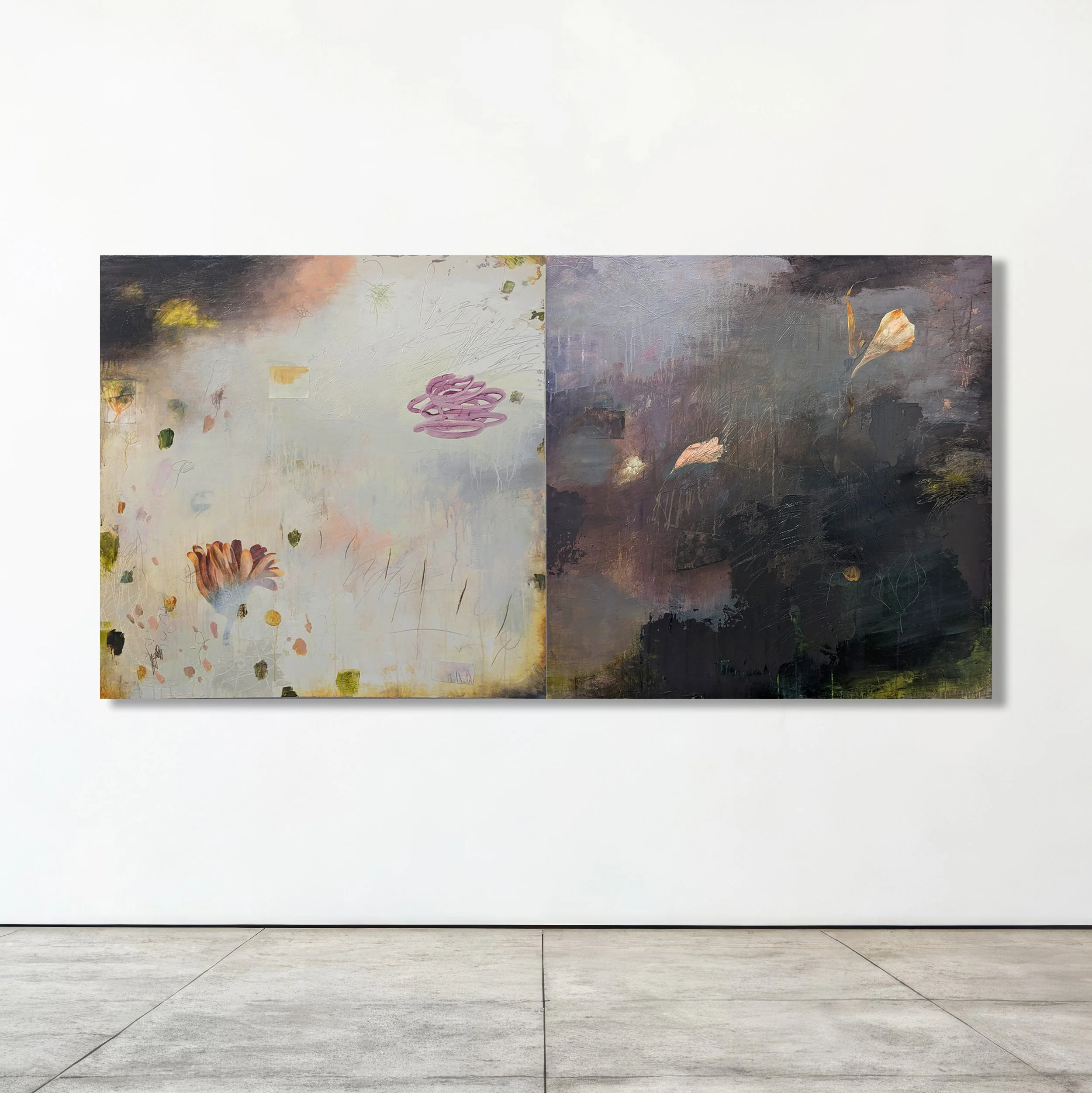 CADENCE

 

 Acrylic, charcoal, pencil, crayon, paper on panel 40" X 80" Diptych  Available  