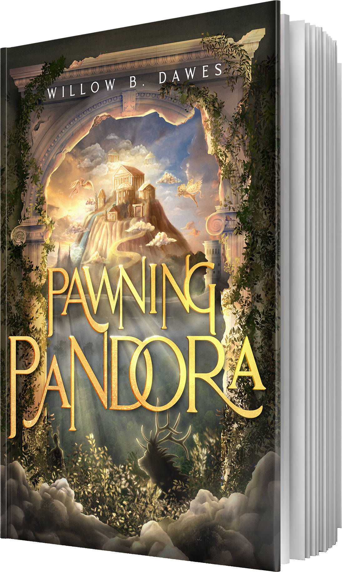 Book cover illustration of 'Pawning Pandora' by Willow B. Dawes, featuring a fantastical landscape with ancient Greek ruins, a mountain with a city and temples, mythical creatures like a phoenix and a dragon, lush greenery, and columns with vines.