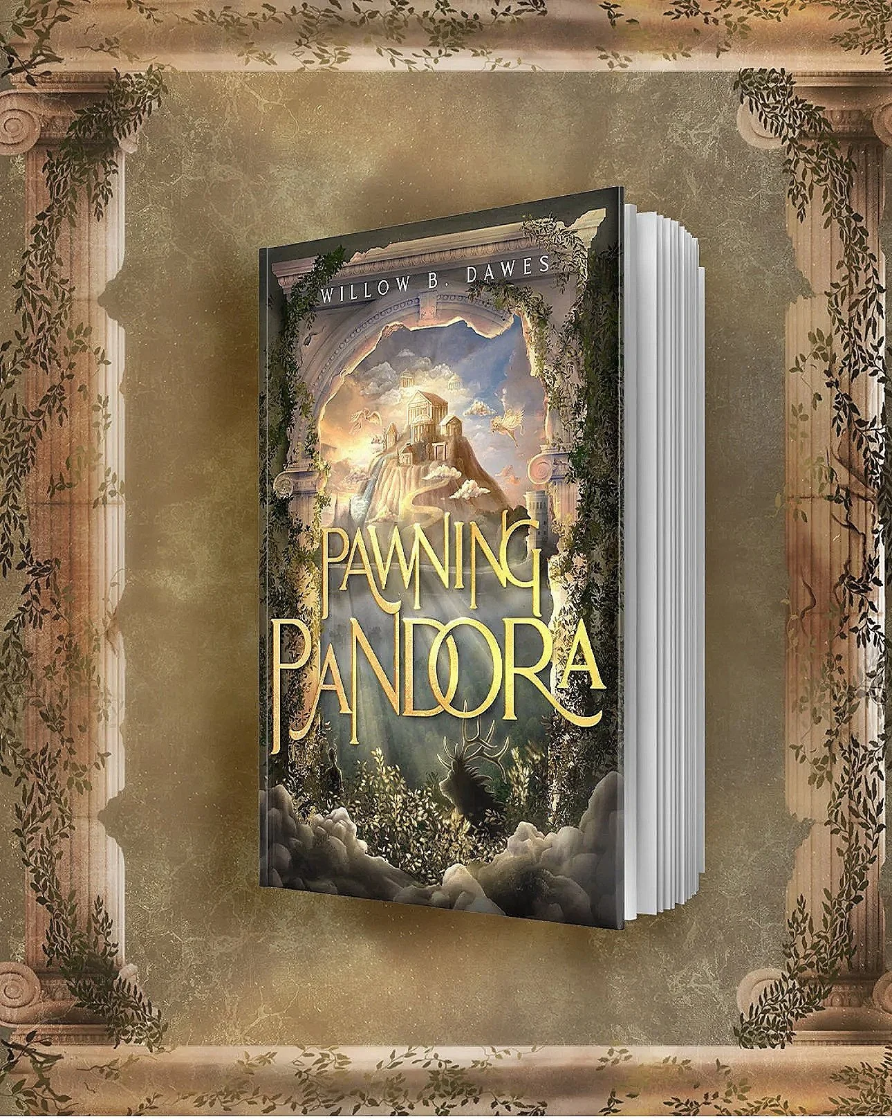 Book titled 'Pawning Pandora' by Willow B. Dawes displayed on a decorative background with ornate columns and leafy designs.