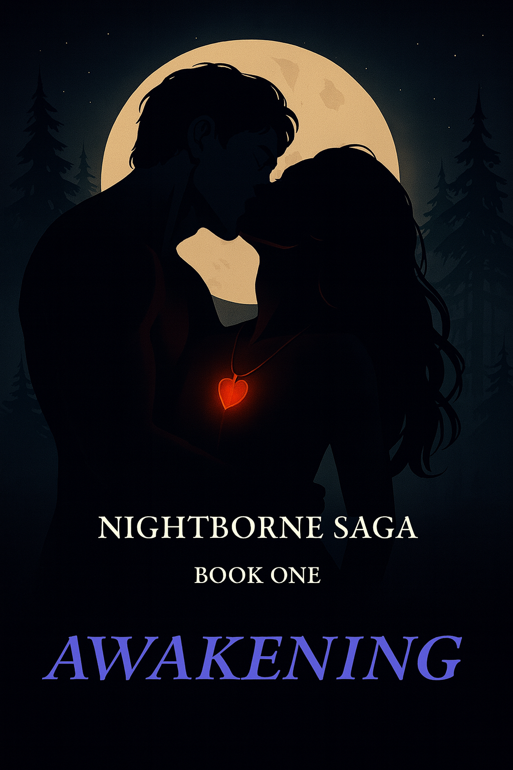 Silhouette of a couple kissing under a full moon, with a forest background, and a glowing red heart-shaped pendant around the woman's neck. The text reads 'Nightborne Saga, Book One, Awakening.'