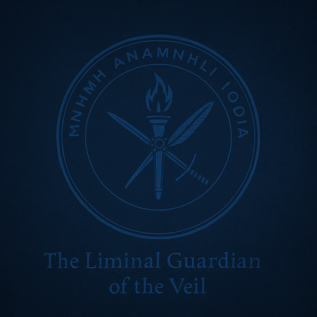 Dark blue cover with a circular emblem and text. The emblem contains a torch, a quill, a sword, and a gauge. The circle has an outer ring with an alphabet inscription. Below, the text reads 'The Liminal Guardian of the Veil.'