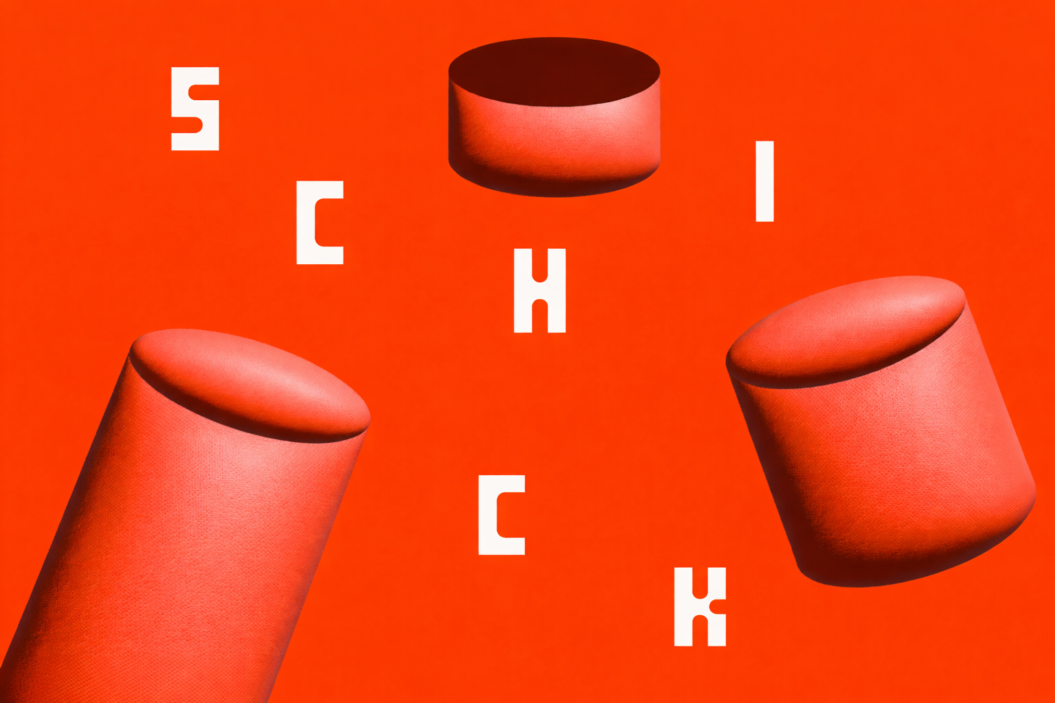 Abstract digital art with three orange and pink cylinders against a vibrant orange background, with white alphanumeric characters scattered around.