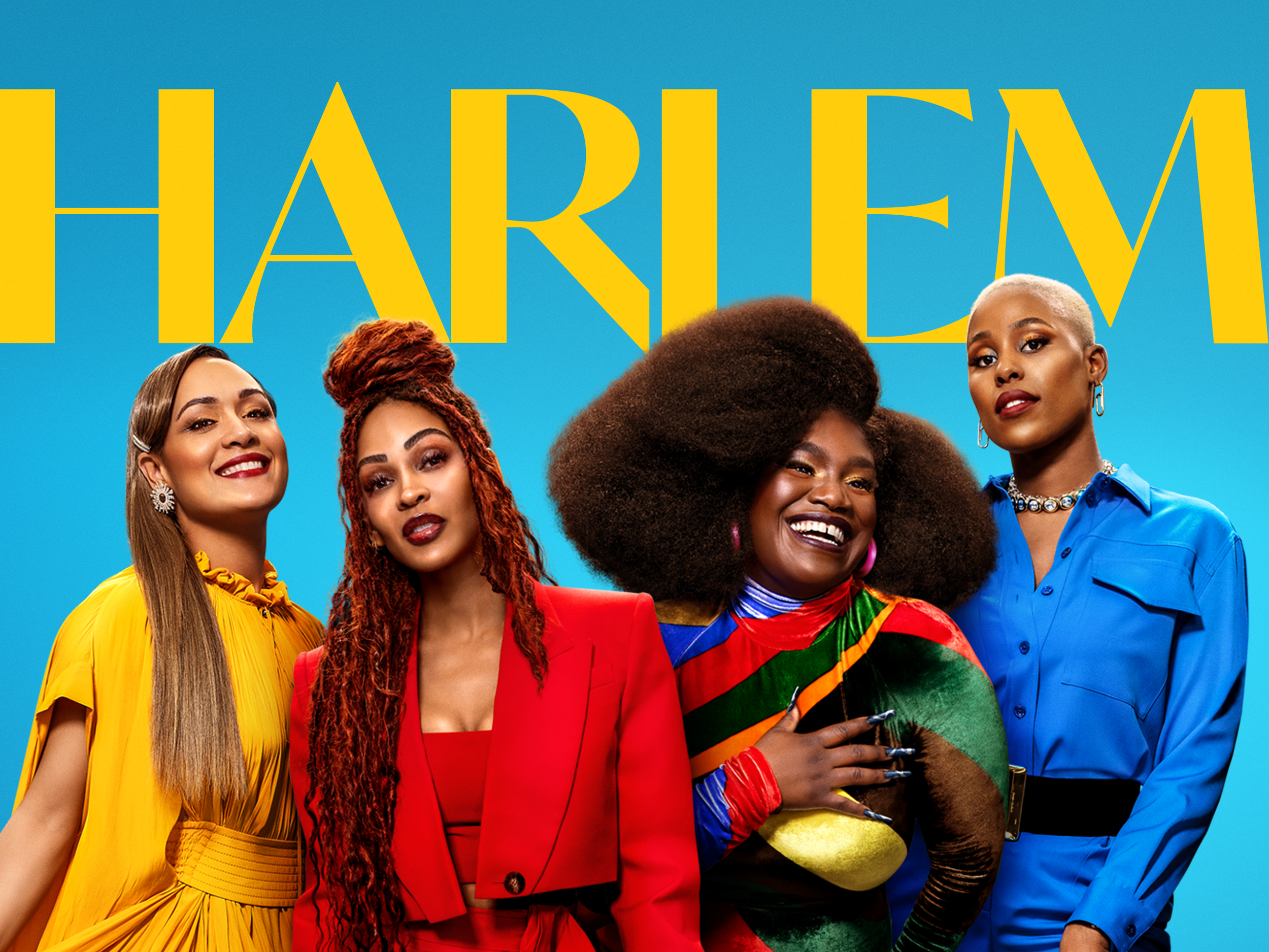 Four women smiling in colorful clothing against a blue background with the word 'Harlem' in large yellow letters.