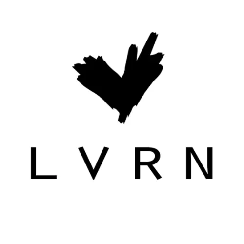 Black abstract checkmark symbol above the letters L V R N in black font.