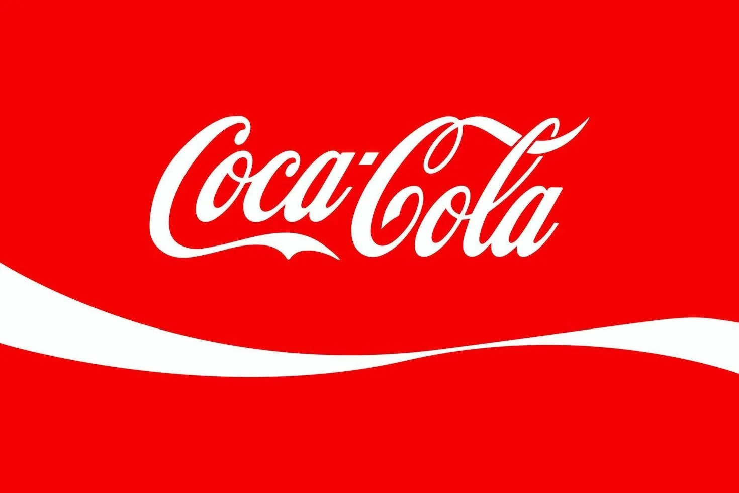 Logo of Coca-Cola with white cursive text on a red background, featuring a wavy white line beneath the text.