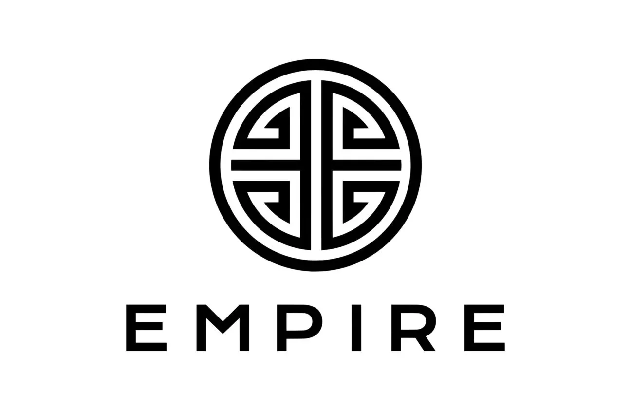 Black logo with a circular geometric pattern above the word "EMPIRE" in black capital letters.