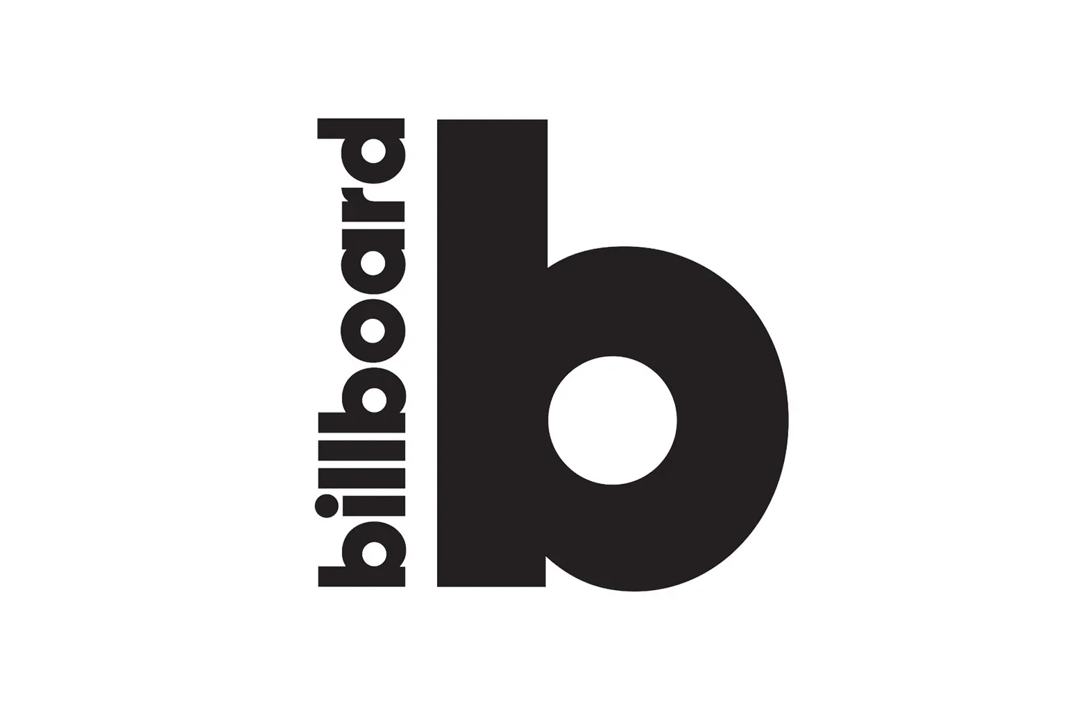 Black letter B with the words 'billboard' written vertically on the left side in black text on a white background.