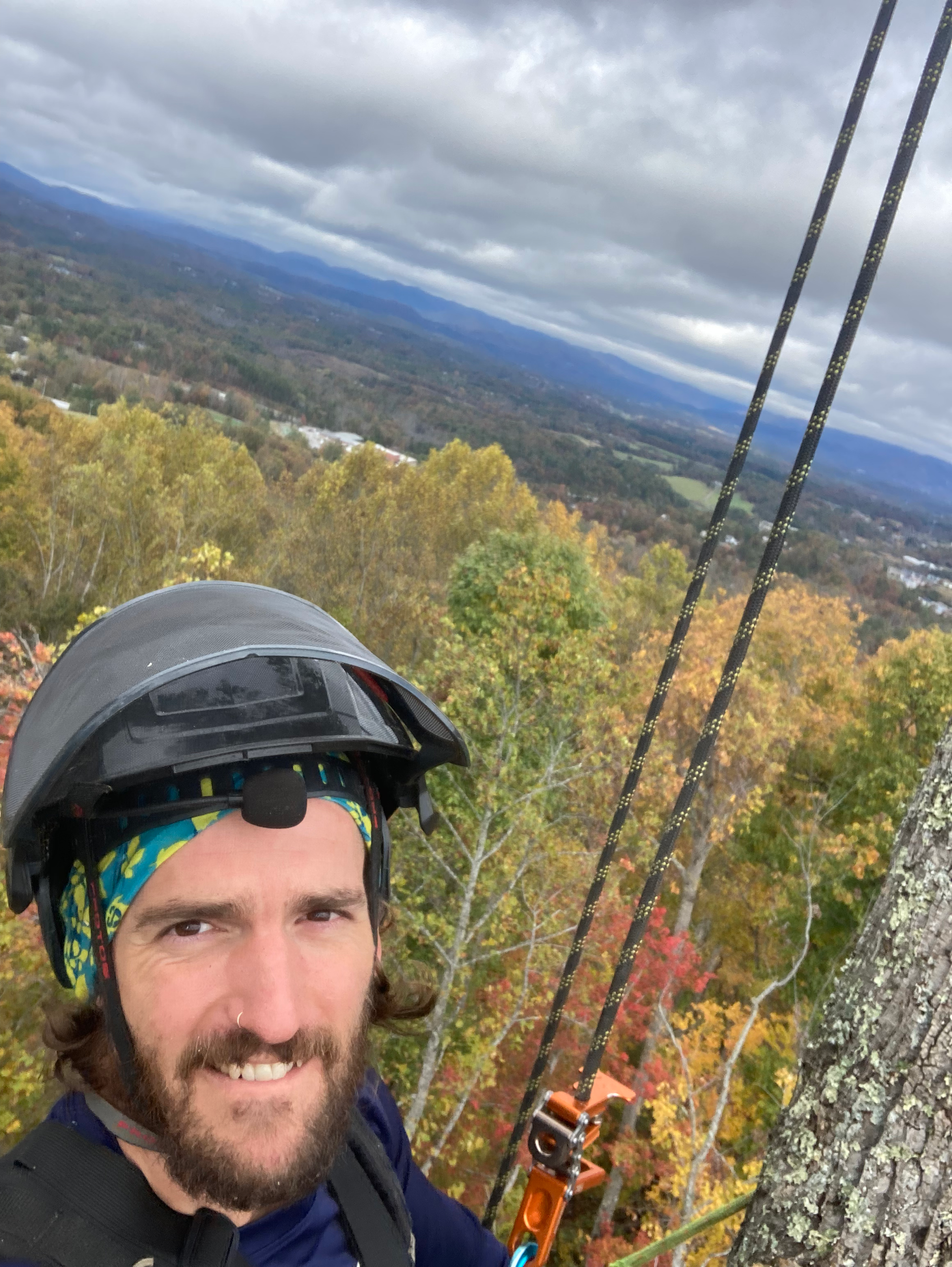 Close-up of a smiling man wearing a helmet and sunglasses, with a scenic landscape of rolling hills and colorful autumn trees visible in the background. Woodwitch Arborists, Tree Preservation & Removal in WNC