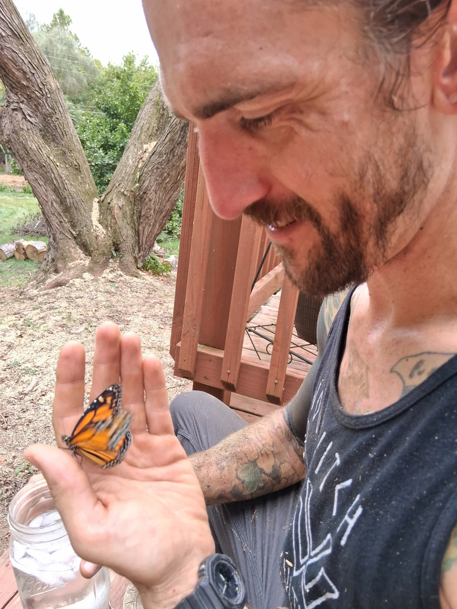 A man with tattoos and a beard sitting outside at a wooden table, holding his hand up to a butterfly perched on his finger, with a mason jar of water nearby. There are trees and a wooden structure in the background. - Woodwitch Arborists