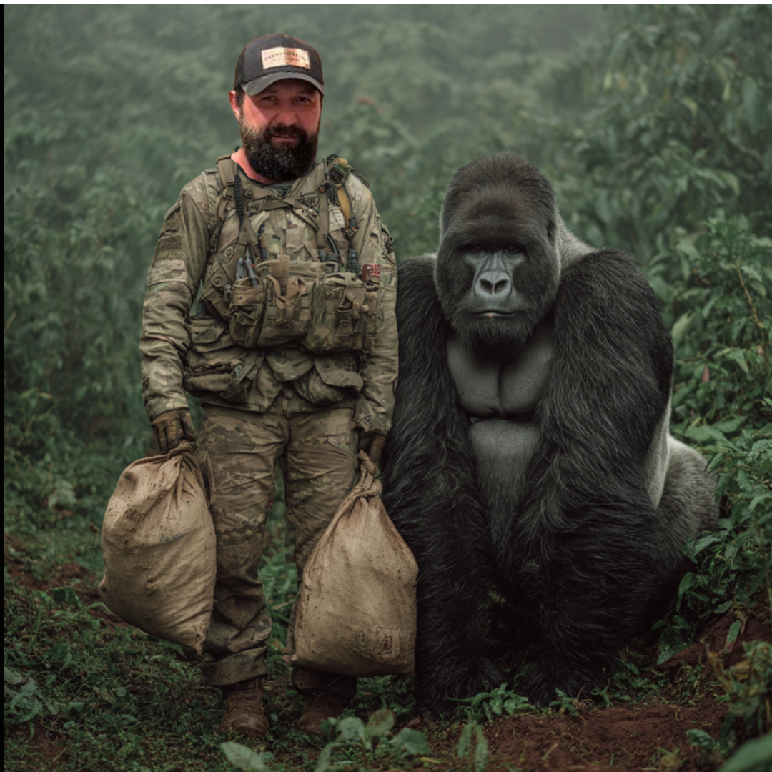A man in camouflage clothing holding two large sandbags standing next to a large gorilla in a green forest.