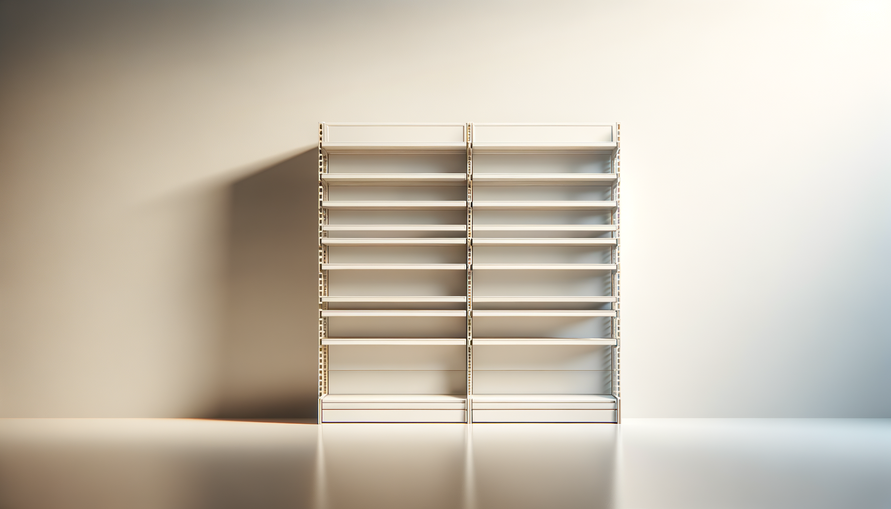 Empty metal shelving unit against a beige wall, casting a shadow on the left side.
