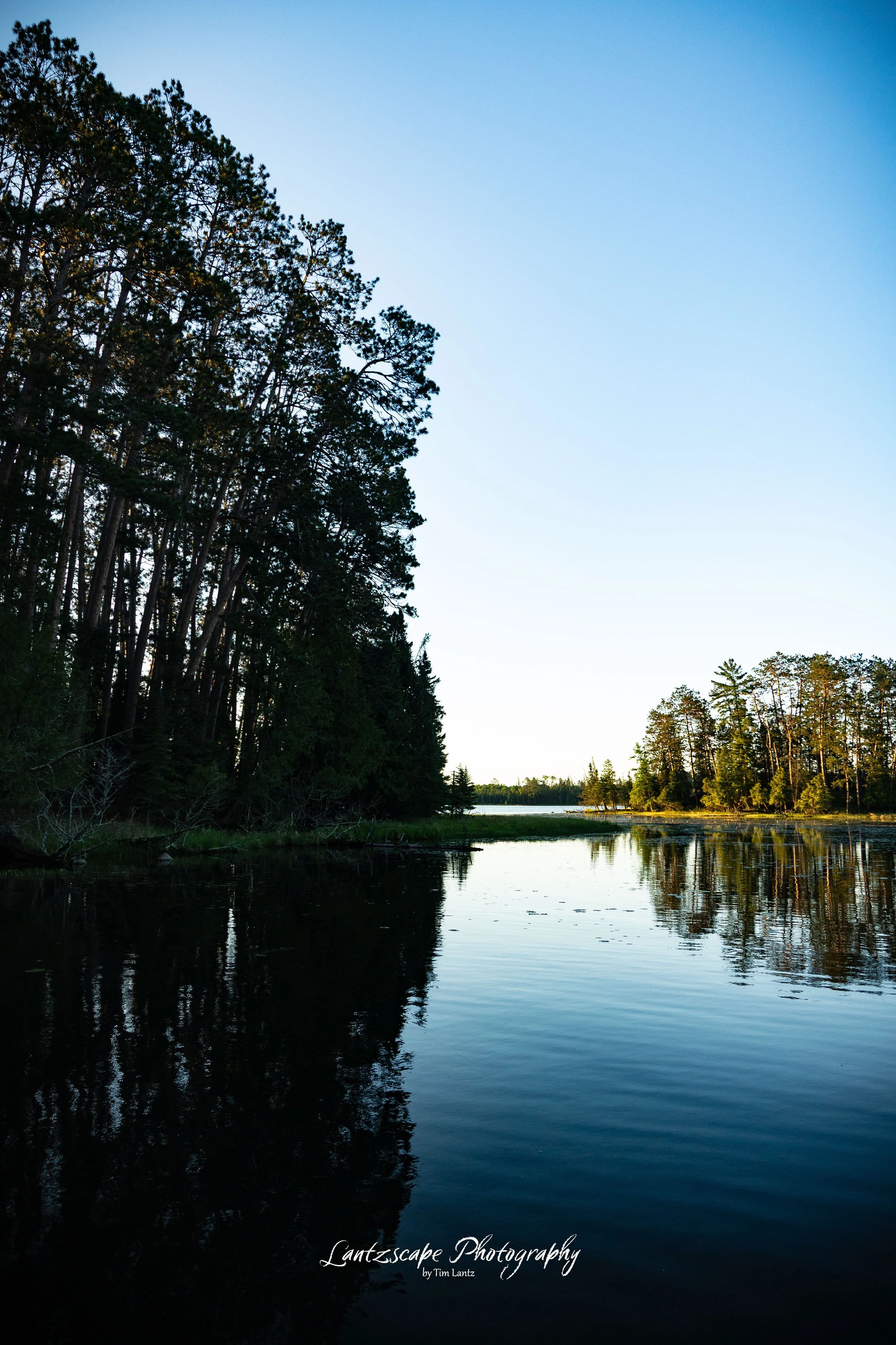 Serene lake scene with trees on both sides, calm water reflecting the trees, and a clear blue sky.