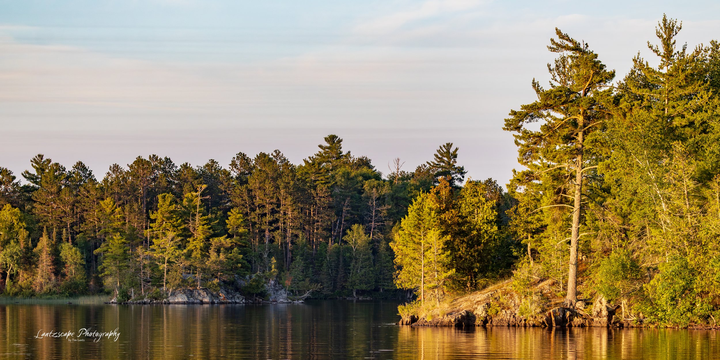 A serene view of a lakeside forest with tall green pine trees on a rocky shoreline, reflecting in calm water during sunset.