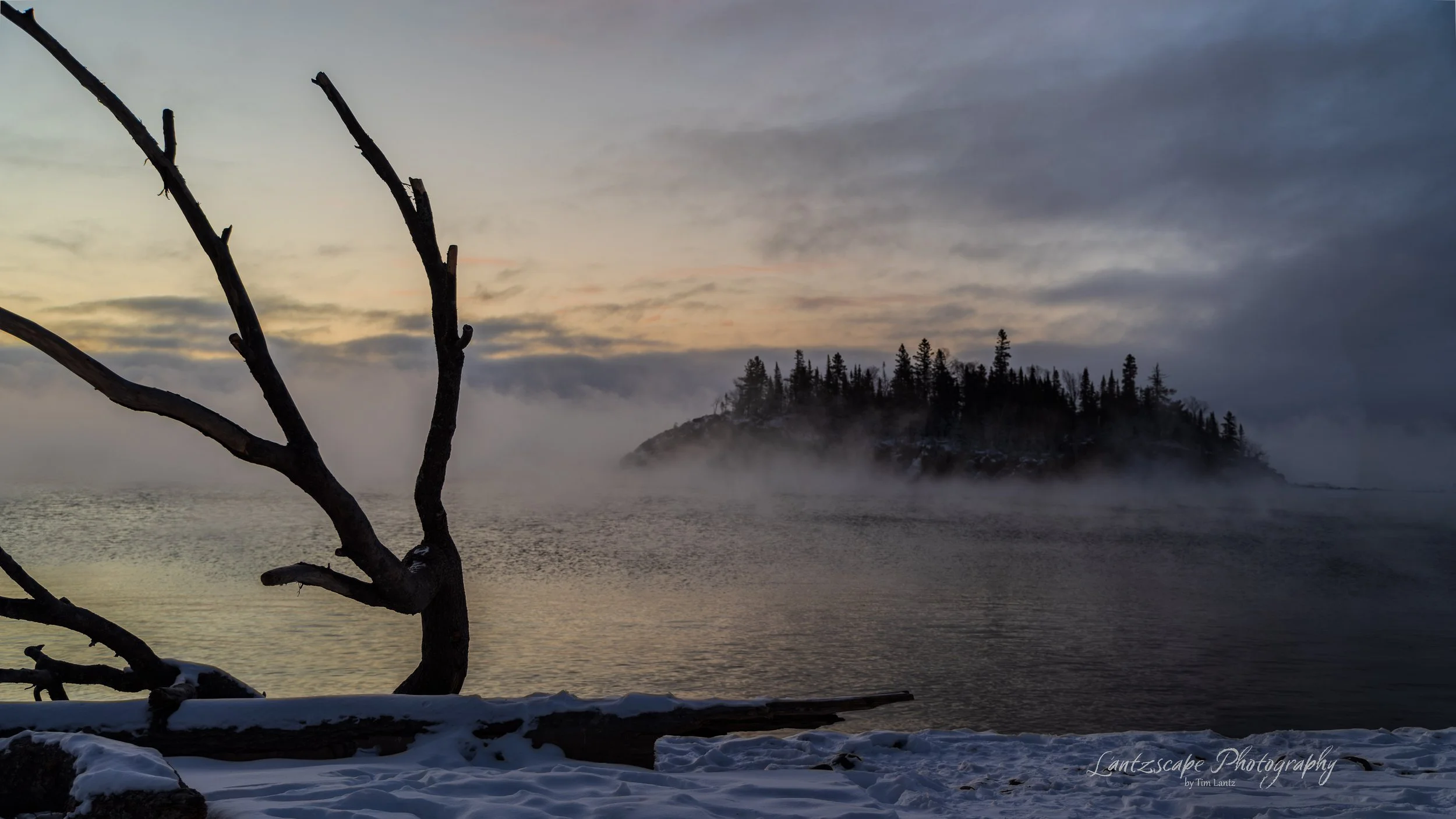 A snowy shoreline with a leafless tree in the foreground, a misty body of water, and an island with evergreen trees in the background at sunset.