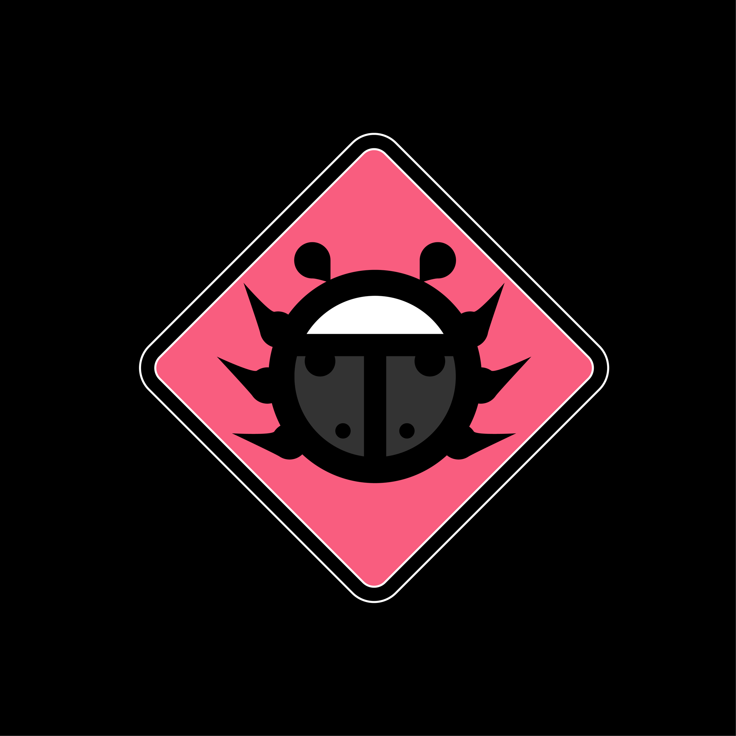 A pictogram of a ladybug on a pink diamond-shaped background with black and white outlining.