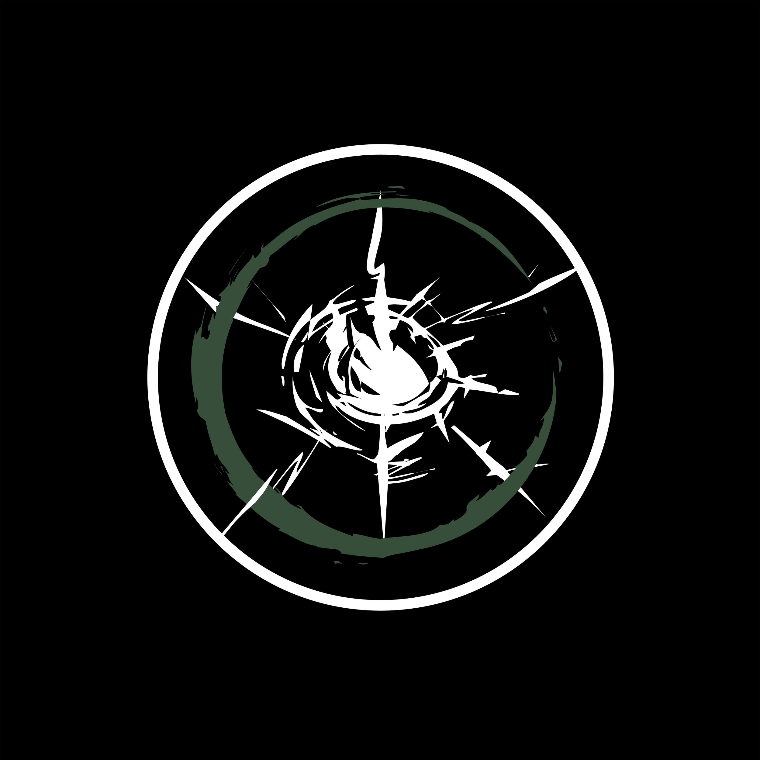 Abstract black background with a white and dark green circular design resembling shattered glass or a vortex.