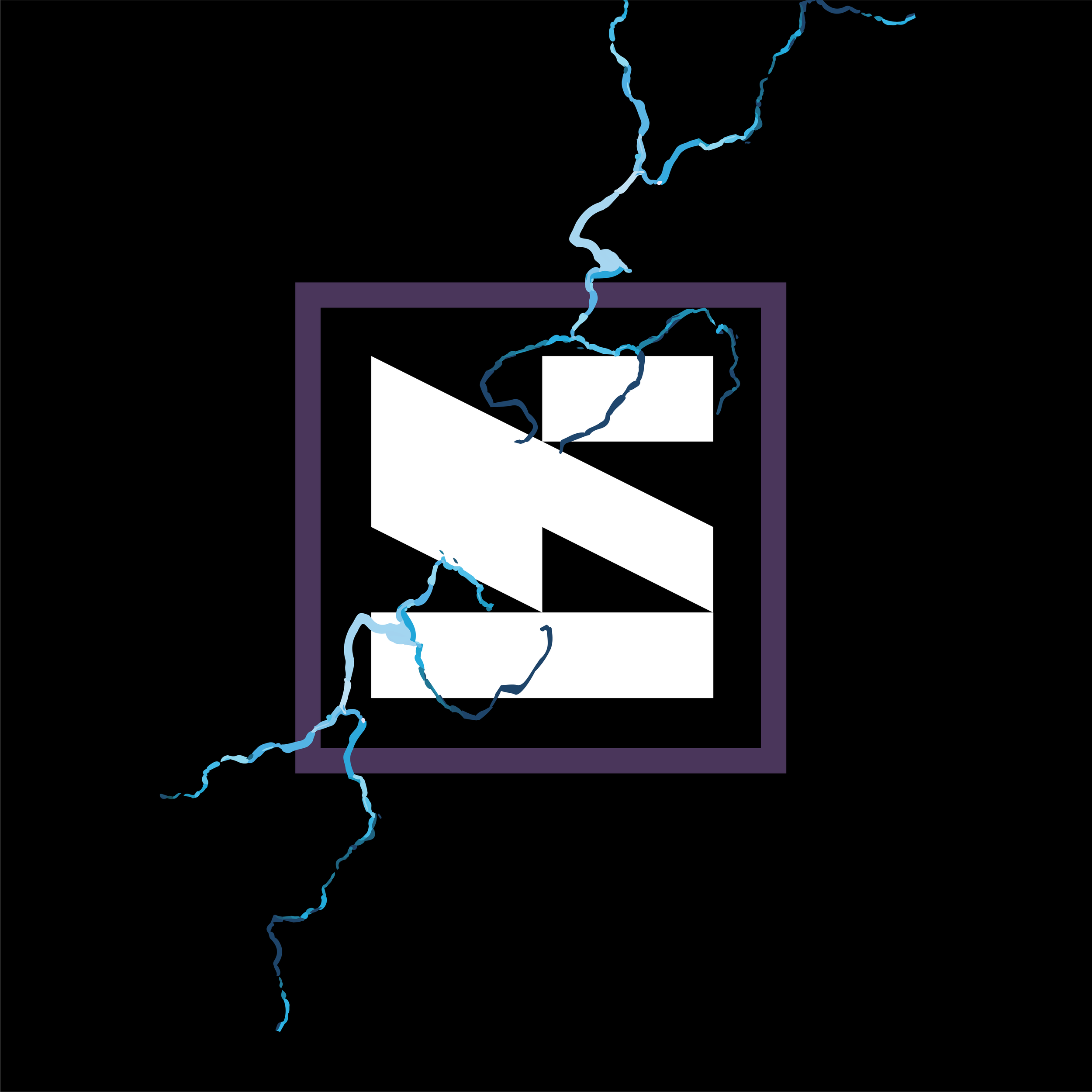 Lightning striking an abstract logo with the letters 'S' and 'N' inside a black square bordered by purple. The lightning appears to be hitting the logo.