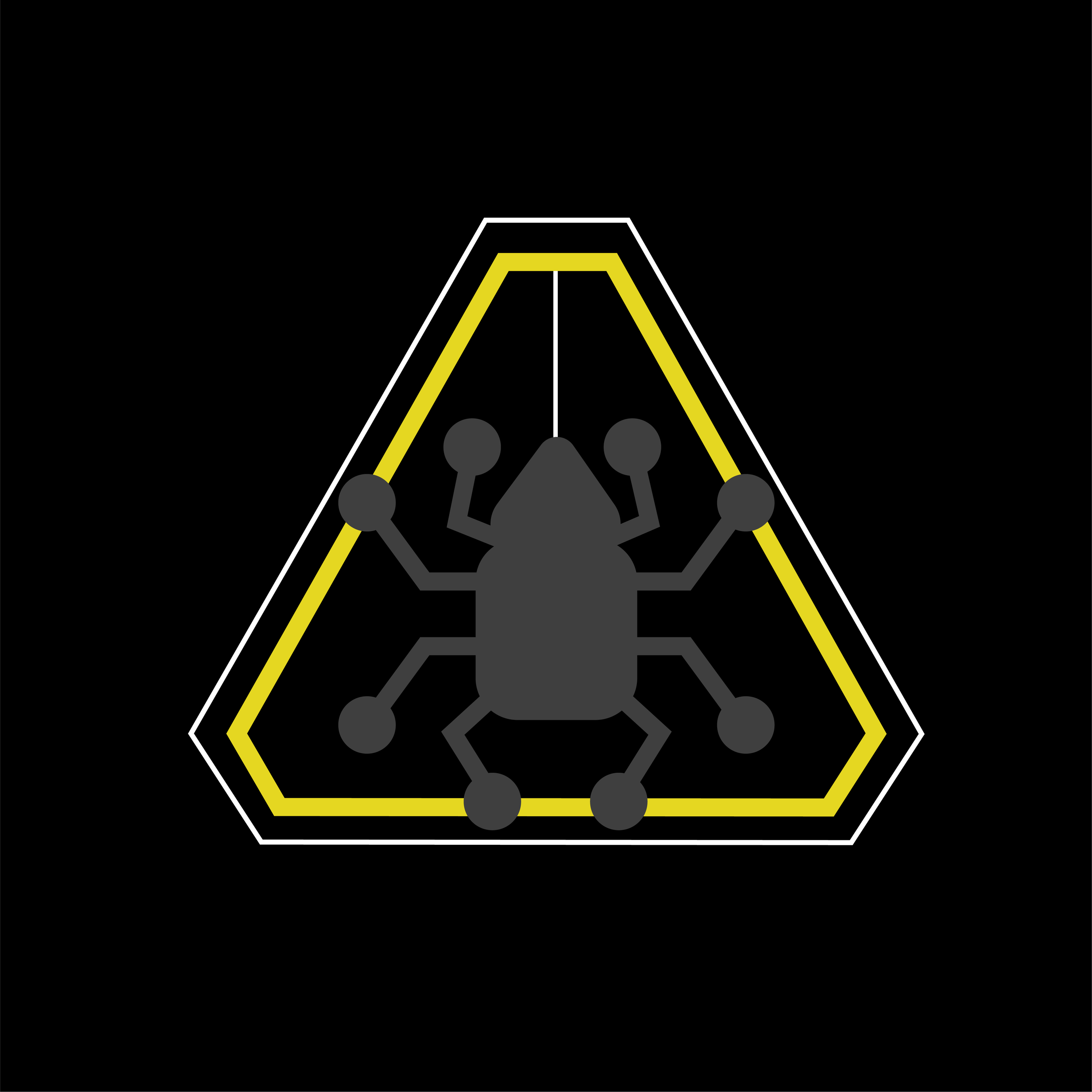 A warning sign with a black background and a yellow border. Inside, a gray silhouette of a bug with multiple legs and antennae represents a biological hazard or insect.