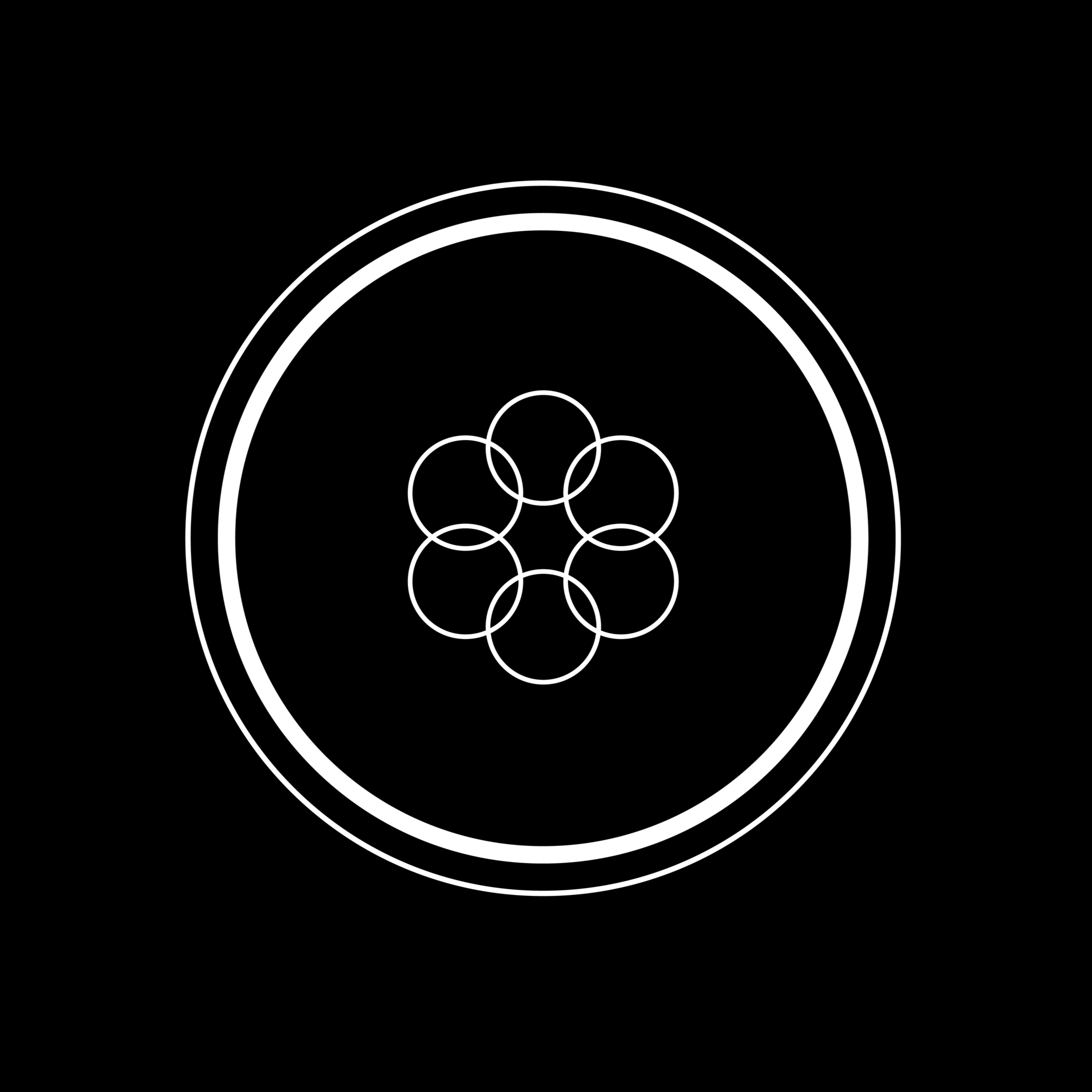 A black background with a white geometric pattern consisting of several interconnected circles arranged in a flower-like pattern, enclosed by concentric circles.