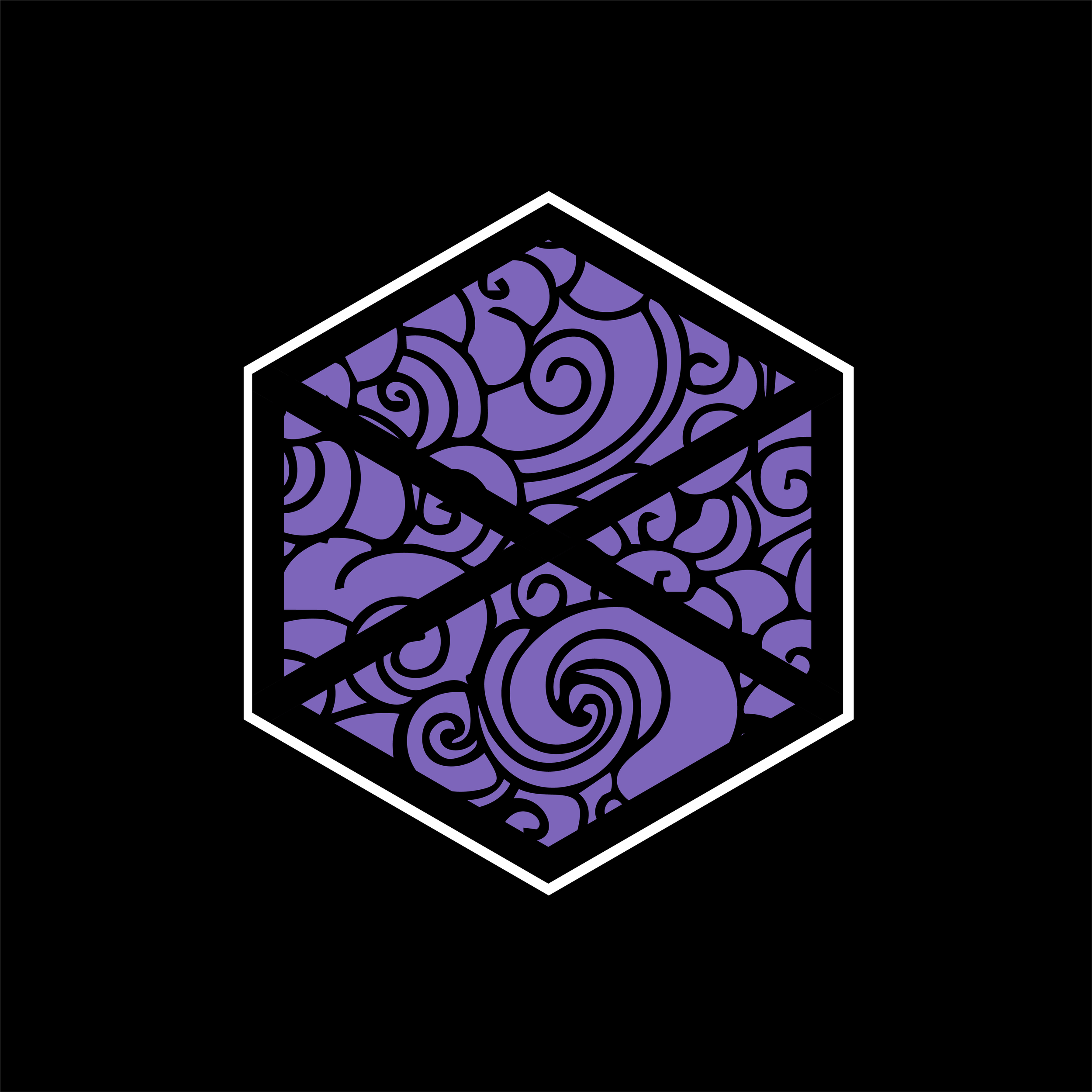 A black background with a white-outlined hexagon shape containing an intricate purple swirling pattern inside, divided into three sections by black lines.