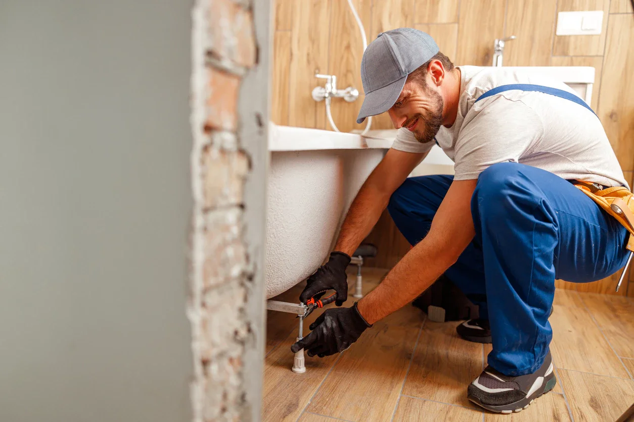 A handyman wearing a gray cap, gray t-shirt, and blue overalls kneeling on a wooden floor, working on a bathroom sink by tightening a pipe with a wrench. He is smiling and wearing gloves.