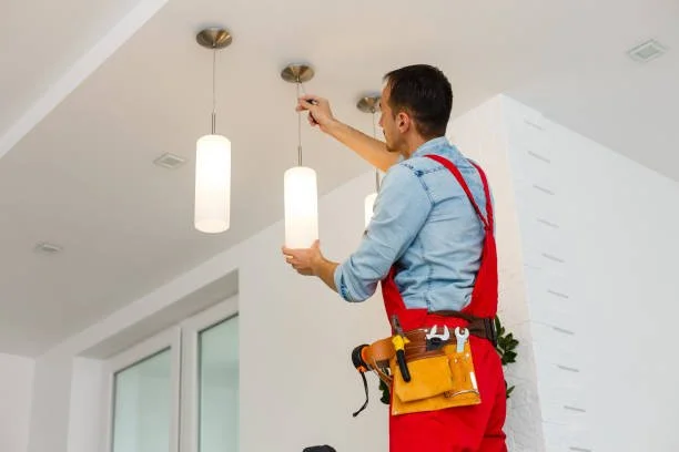 A handyman in a red apron and a tool belt installing or replacing ceiling lights in a modern, well-lit room.