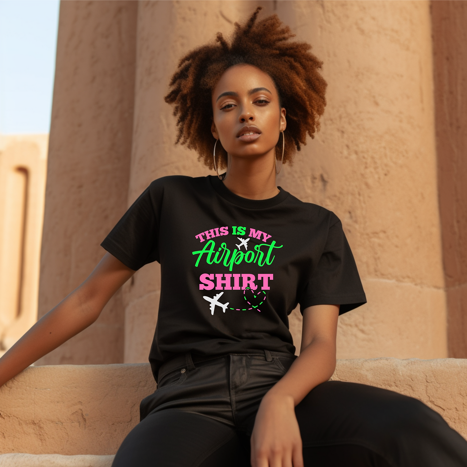 Pink & Green This is my Airport Shirt (Black) Unisex