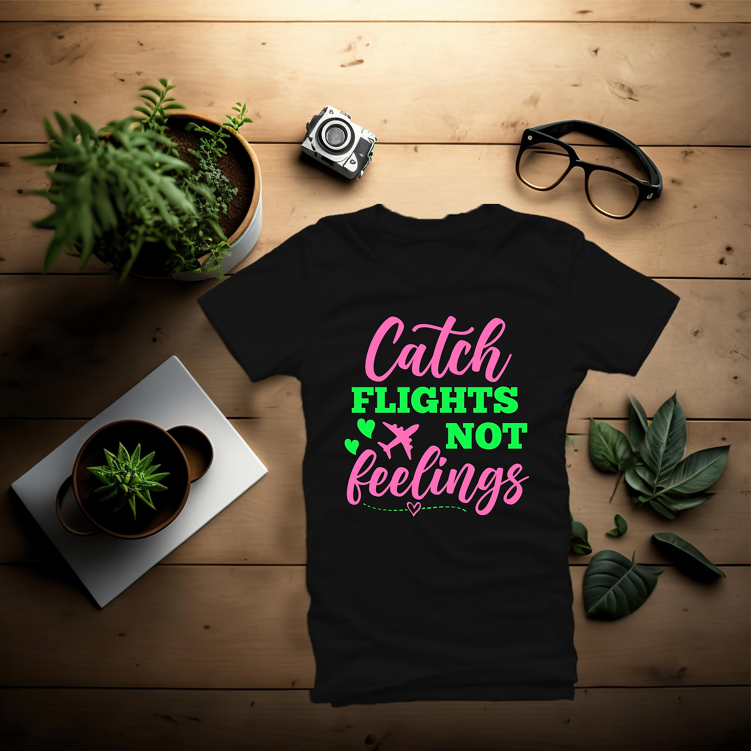 Pink & Green Catch Flights Not Feelings (Black Shirt) Unisex