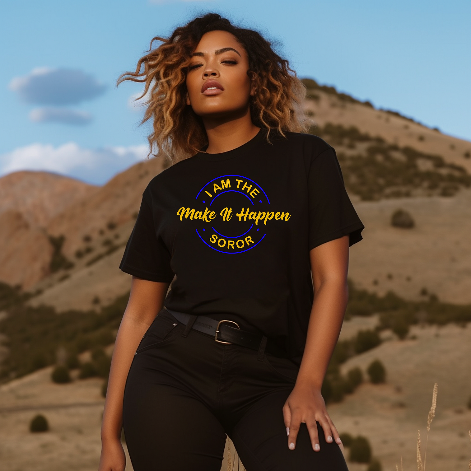 The Make It Happen Soror Black Shirt (Royal & Gold)
