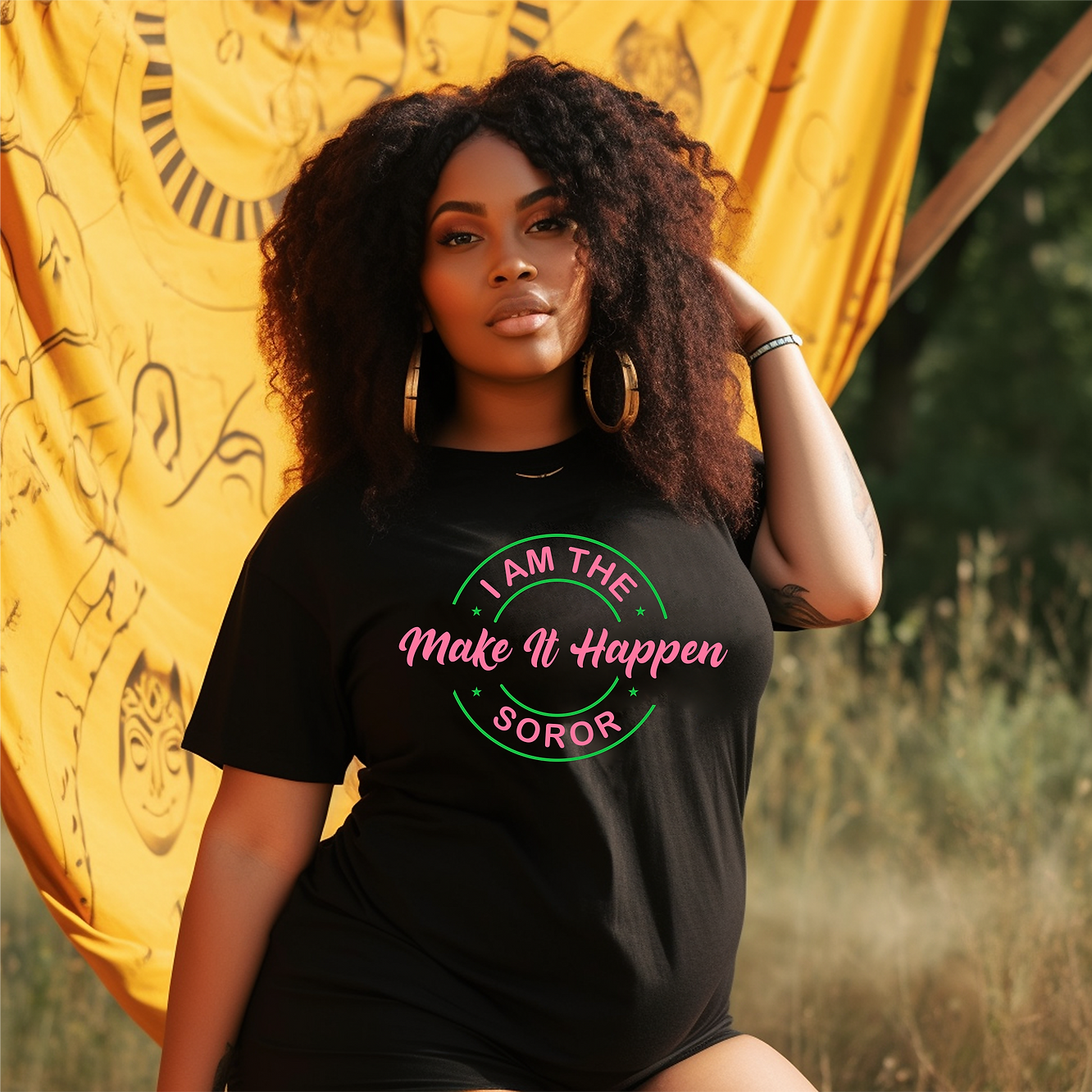 The Make It Happen Soror Black Shirt (Pink & Green)