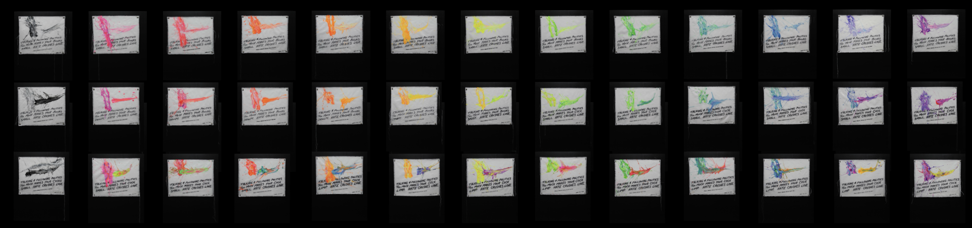 Sequence of images showing a step-by-step drawing process of a colorful abstract bird, with each frame featuring a different color and detail level, overlaid with text instructions.
