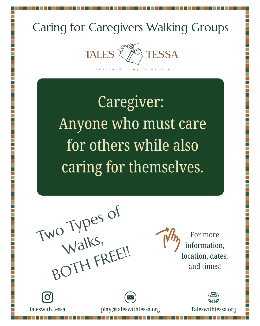 Flyer for caregiving walking groups, titled 'Caring for Caregivers Walking Groups,' includes a definition of caregiver, mentions two types of walks that are both free, and provides contact information and website links.