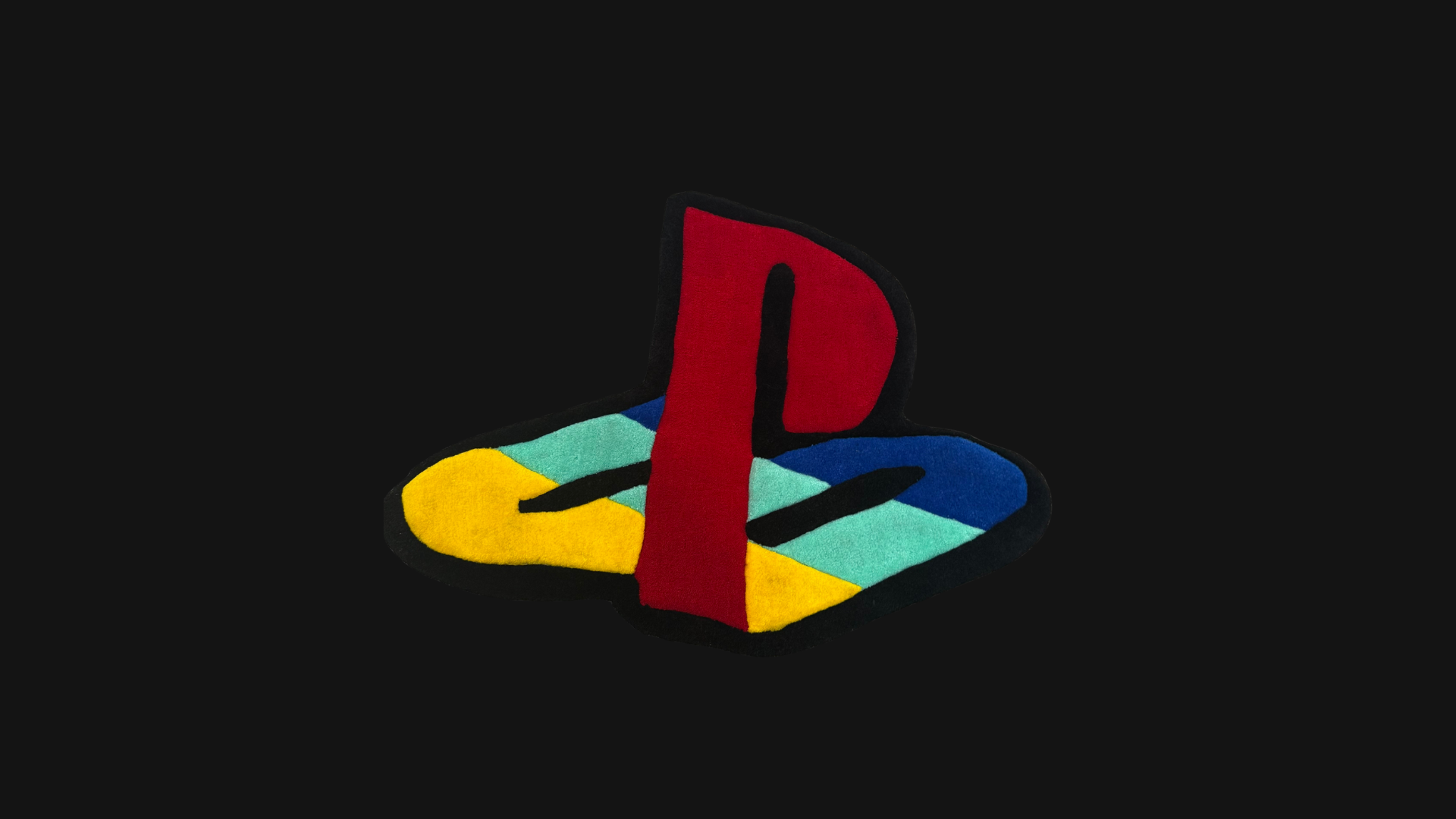A playstation logo rug with a black background 
