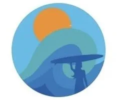 Simplified illustration of a person hiking with a backpack in front of a mountain, with the sun in the background.