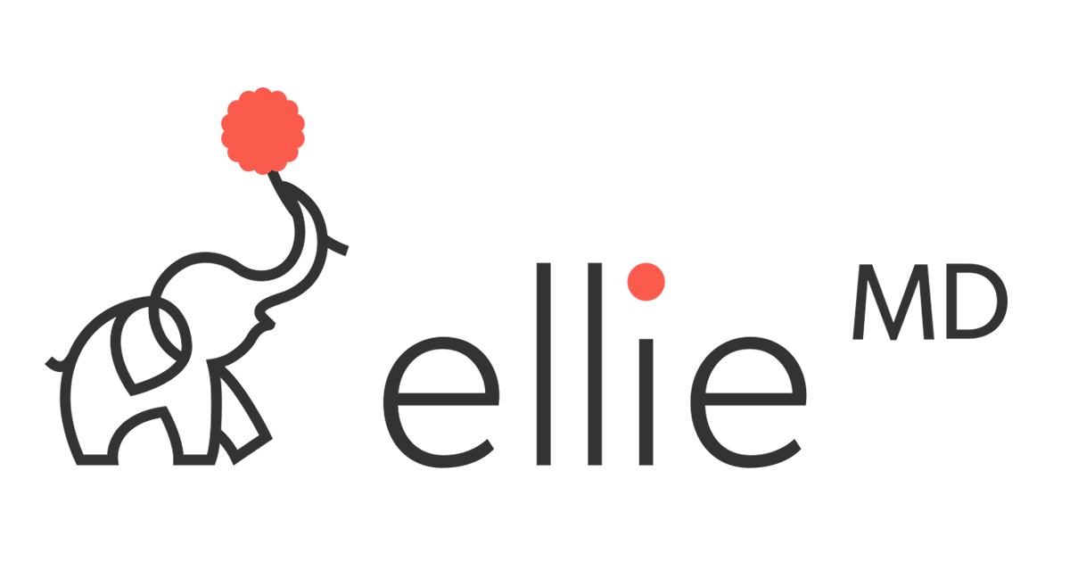 Logo with a black line drawing elephant with a red pompom on its head, the name Ellie with a red dot over the 'i', and 'MD' in black.