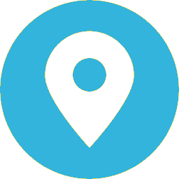 Blue map marker icon on a black background