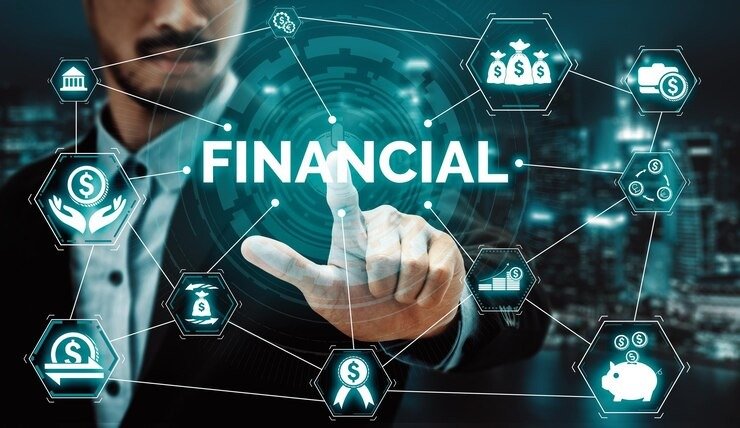 Businessperson touching a digital screen with the word 'FINANCIAL' at the center, surrounded by icons representing money, banking, investment, and financial growth.