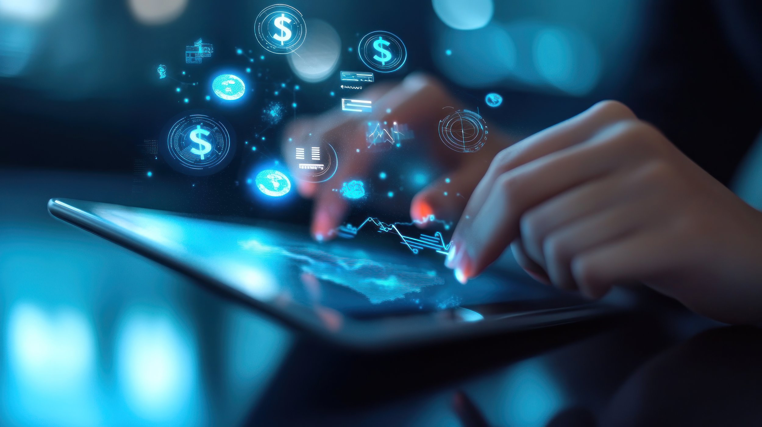 A person using a tablet with digital icons and graphics of dollar signs, currency symbols, and financial charts floating above the screen.