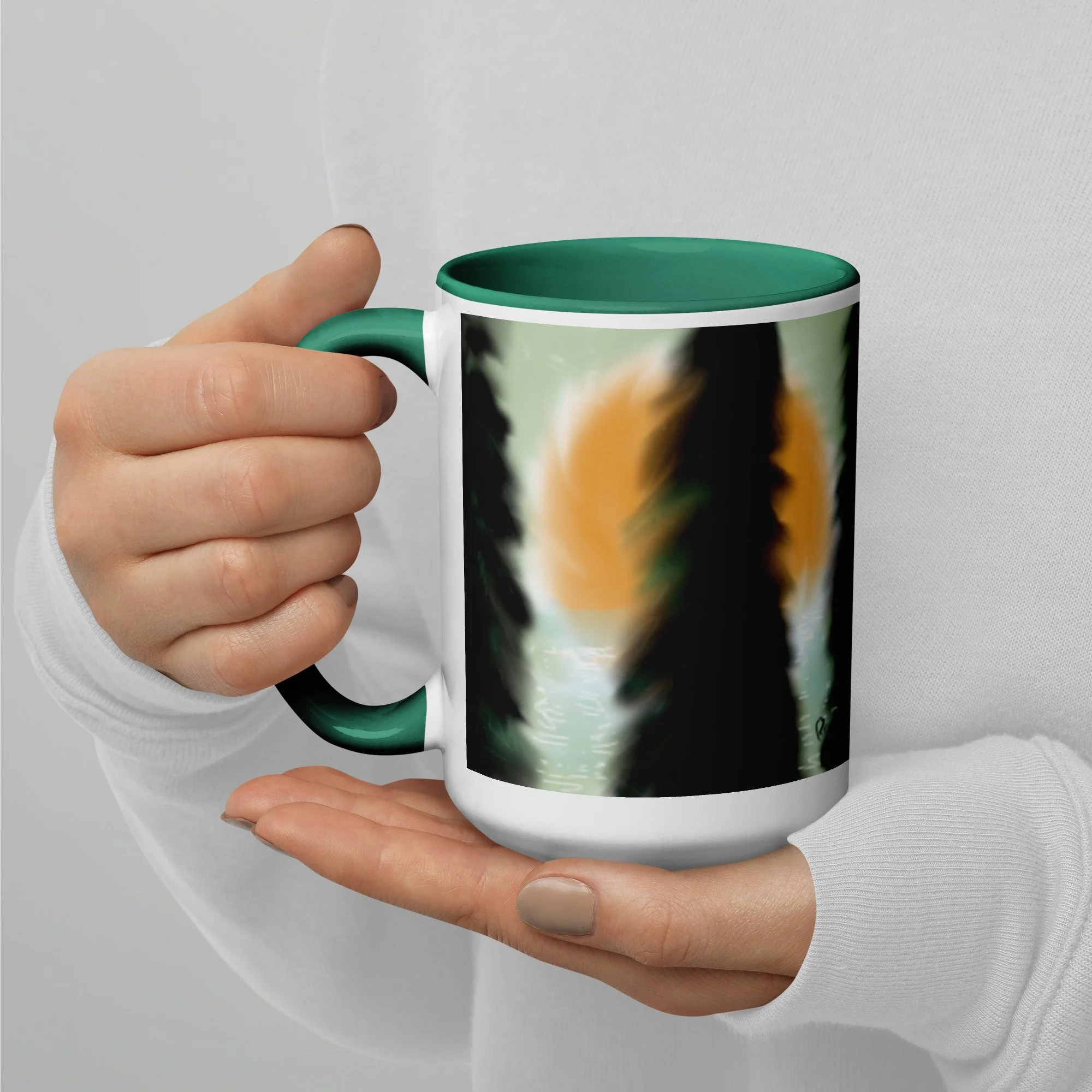 Bainbridge Island Trees  Mug — Pacific Northwest Nature Art Coffee Mug
Original artwork by Lau(REN)
Well-suited for everyday use or gifting.” This mug has a repeat pattern for a continuous image around the mug.
