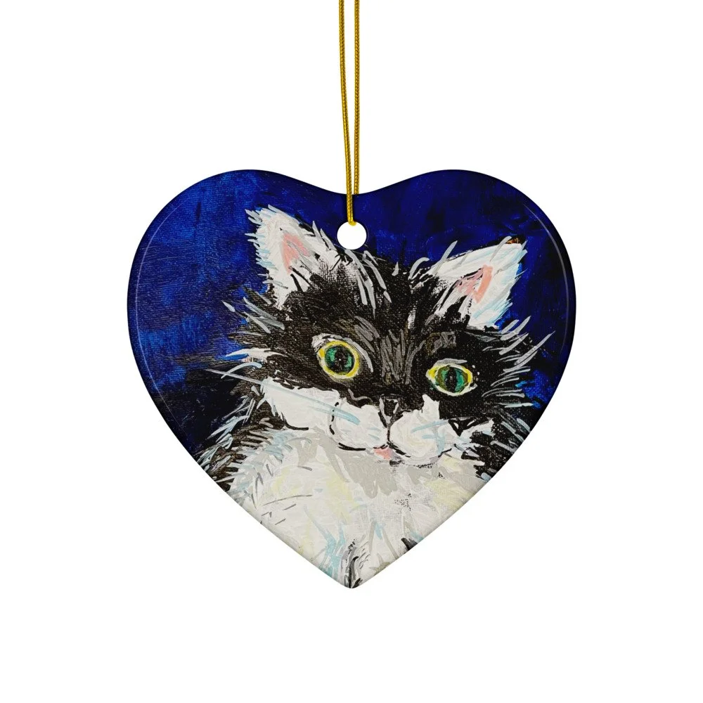 Tuxedo Cat Ceramic Ornament – Whimsical Black and White Cat Art, Cat Lover Gift. From from artist Lau(REN).  This watchful little feline adds a soft, whimsical detail to your décor. A lovely keepsake for cat lovers. 