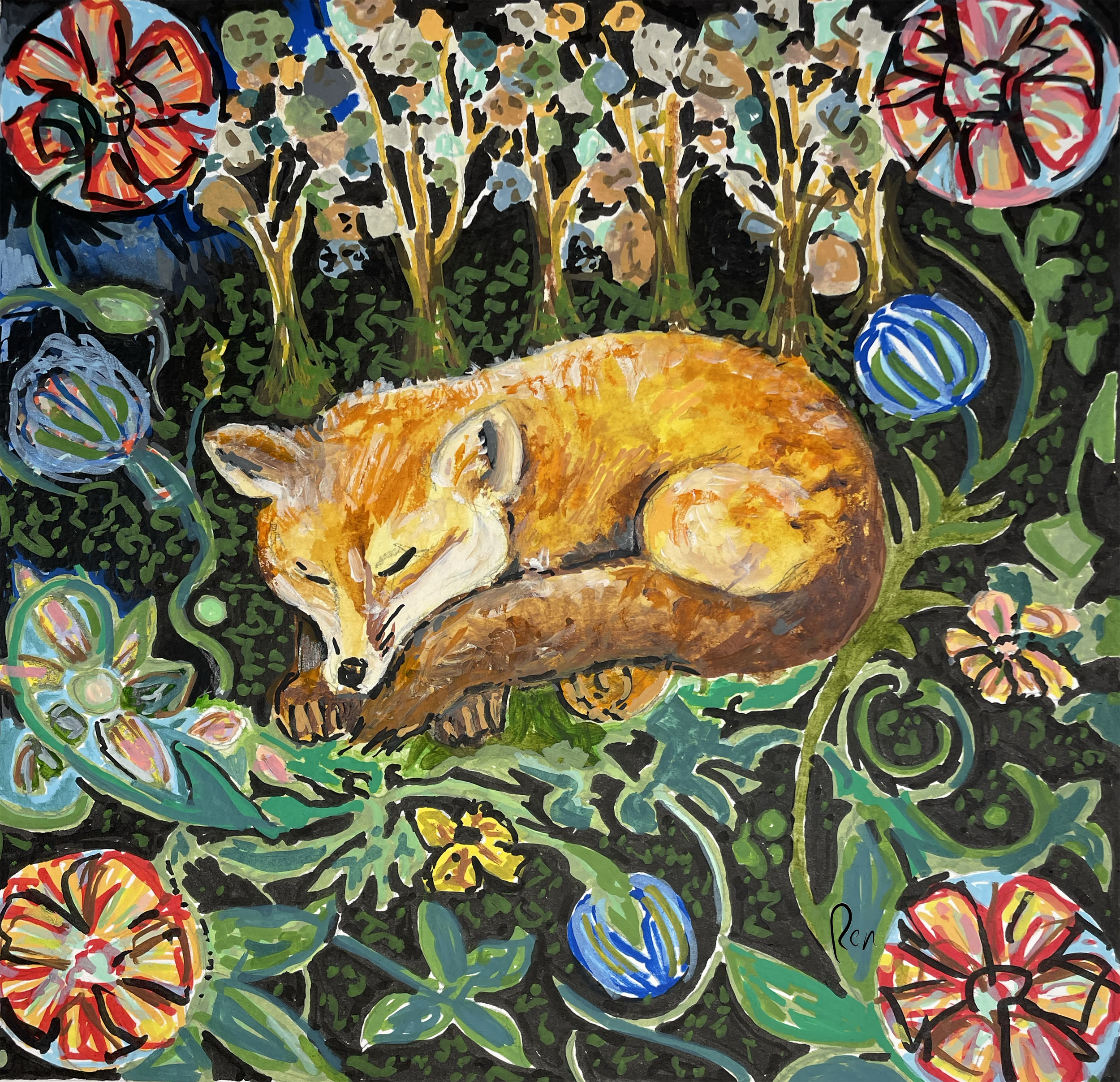 SLEEPING FOX
Original artwork by Lau(REN).
Artist’s note: “This illustration was inspired by my forest walks on Bainbridge Island when I often wonder which beautiful creatures are quietly nesting just steps away from the hiking path. I imagined the r