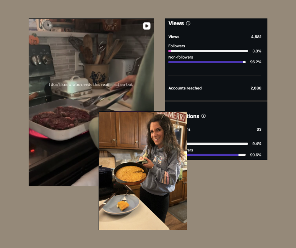 A woman holding a bowl of cooked food in a kitchen, with a plate of food on the counter in front of her, and a stove with a baking dish of seasoned meat cooking, with a digital screen displaying social media statistics in the background.